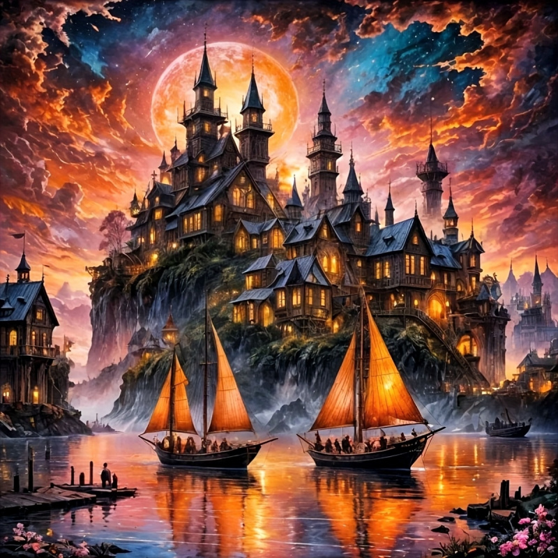 Resin Art Work - Diamond Painting Kit, Castle and Sailboat