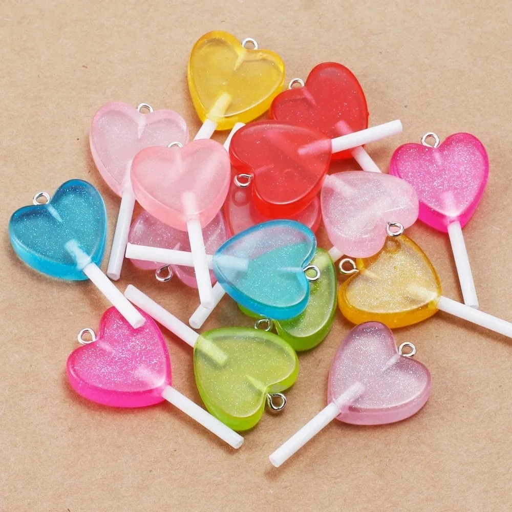 Resin Art Engagement - 10Pcs Kawaii Sparkly Heart Lollipop Resin